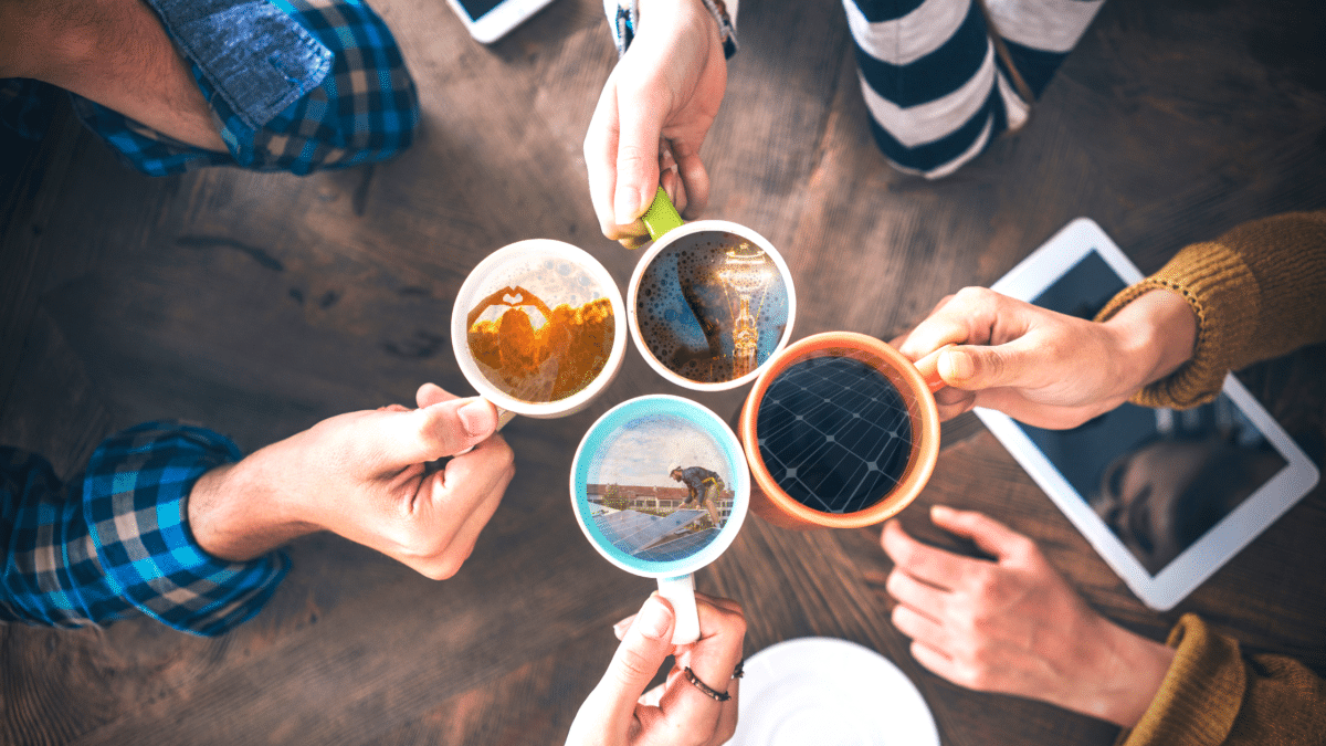 Four coffee cups with images of solar